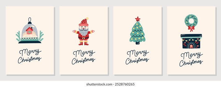 Set of simple Christmas cards. Greeting card on light beige background. Christmas and New Year. Vector illustration.