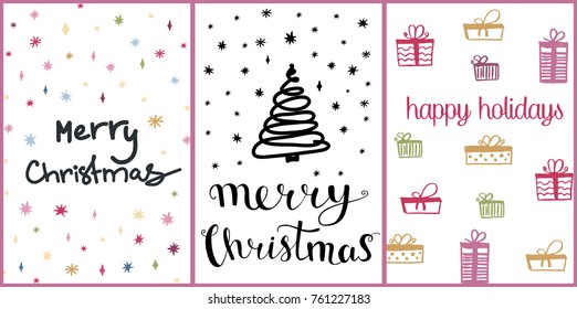 Set of simple Christmas greeting cards with handdrawn design elements and lettering