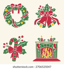 Establezca Diseños De Iconos De Navidades Sencillos Con Elementos Tradicionales De Festiva, Como Cintas Holly