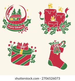 Establecer Diseños De Iconos De Navidades Simples Con Elementos Tradicionales De Festiva Como Holly Ribbons 2