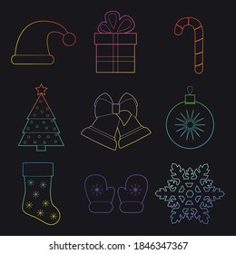Set of simple christmas and new year color line art  icons on black background vector illustration