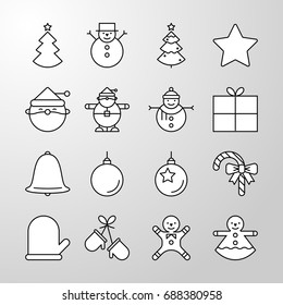 Set of simple Christmas party and Happy New Year thin line vector icon. Editable stroke. Pixel perfect icons. Material design of web graphic. Premium quality outline symbol collection.