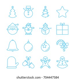 Set of simple Christmas party and Happy New Year thin line vector icon. Editable stroke. Pixel perfect icons. Material design of web graphic. Premium quality outline symbol collection.