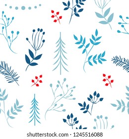A set of simple Christmas patterns. color illustration of Christmas trees, snowflakes, leaves, branches, cranberries, berries. flat design. winter illustration