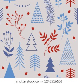 A set of simple Christmas patterns. color illustration of Christmas trees, snowflakes, leaves, branches, cranberries, berries. flat design. winter illustration