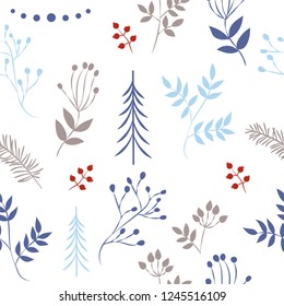 A set of simple Christmas patterns. color illustration of Christmas trees, snowflakes, leaves, branches, cranberries, berries. flat design. winter illustration