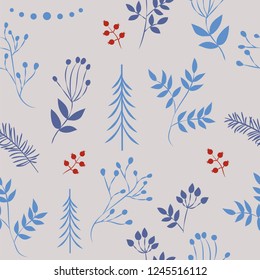 A set of simple Christmas patterns. color illustration of Christmas trees, snowflakes, leaves, branches, cranberries, berries. flat design. winter illustration
