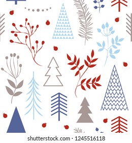 A set of simple Christmas patterns. color illustration of Christmas trees, snowflakes, leaves, branches, cranberries, berries. flat design. winter illustration
