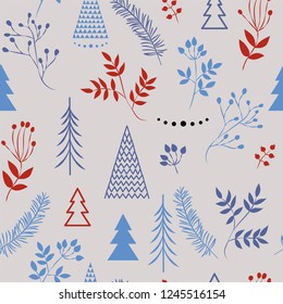 A set of simple Christmas patterns. color illustration of Christmas trees, snowflakes, leaves, branches, cranberries, berries. flat design. winter illustration