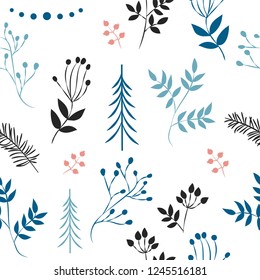 A set of simple Christmas patterns. color illustration of Christmas trees, snowflakes, leaves, branches, cranberries, berries. flat design. winter illustration