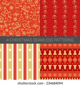 Set of simple Christmas patterns with christmas tree, skis, skates, star, snowflakes,bells, socks, christmas candies gift box, bow, ball, snowman in red. Good for textile, gift cards, wrapping paper.