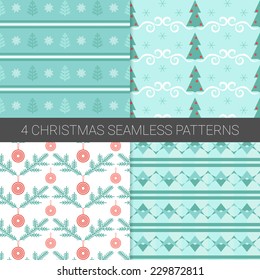 Set of simple Christmas patterns with christmas trees, balls, snowflakes and geometric ornament. Suitable for textile, gift cards and gift wrapping paper.