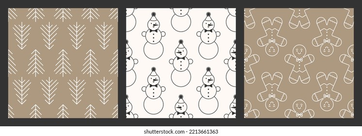 A set of simple Christmas seamless patterns with snowmen, fir trees and gingerbread men. Vector outline illustration.