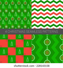 Set of simple Christmas seamless patterns with christmas tree, balls, zigzag and geometric ornament. Suitable for textile, gift cards and gift wrapping paper.