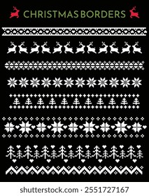 Set of simple Christmas themed seamless borders, divider graphics in pixel knit style including holly border, deer pattern, Christmas trees and hearts