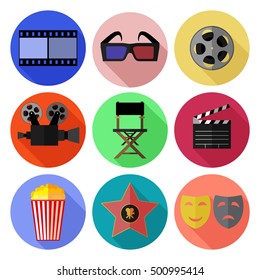 Set of simple cinema flat icons on color circle background vector illustration