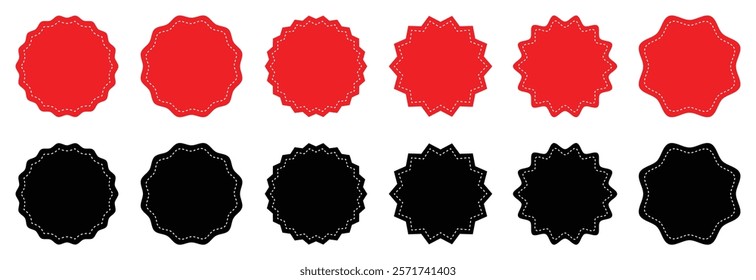 Set of simple circle frame red and black color. Special offer or price tag starburst. Price sticker set. Collection of empty circular stamp signs. Circle zigzag template. Vector illustration.