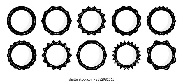 Set of simple circle frame vector icon set. Collection of empty circular stamp. Rounded zig-zag stitched circle set black and white color. Circle template for logo, stickers and business sign symbol.