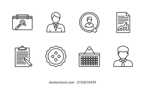 Un conjunto de iconos simples y limpios que muestran conceptos de negocios en un estilo de silueta llamativo.