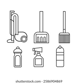 Set of simple cleaning icons plunger, sign, basin, detergent, spatula, bin, brush, cabinet, sponge