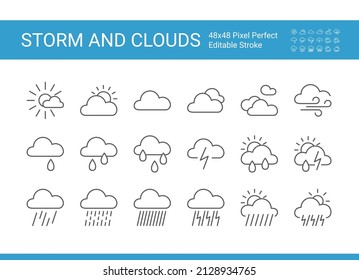 Set of simple climate icons. Storm and clouds. Vector icon set of weather forecast. Editable vector stroke. Pixel perfect.