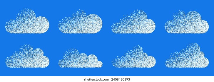 A set of simple clouds with noise effect for retro collages. Collection of elements with halftone dots effect.