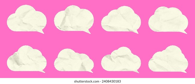 Set of simple clouds with paper texture for retro collages. A collection of elements with a halftone effect for announcements and comments.