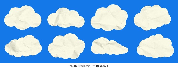 Set of simple clouds with paper texture for retro collages. Collection of elements with halftone effect.