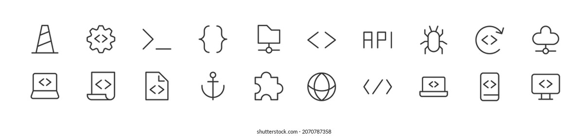Set of simple code line icons. Outline stroke object. Linear signs pack. Perfect for web apps and mobile.