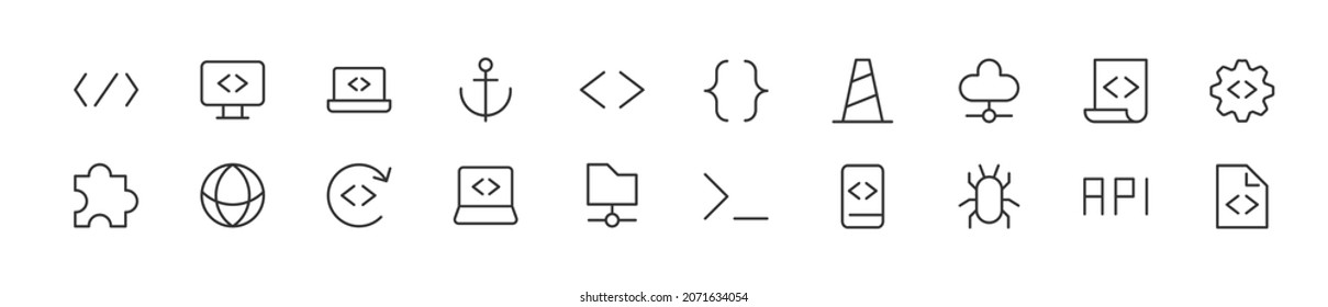 Set of simple coding line icons. Outline stroke object. Linear signs pack. Perfect for web apps and mobile.