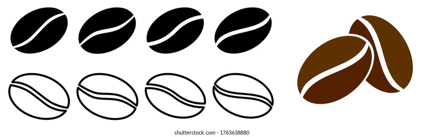 Set of simple coffee bean icons - slight variations, filled and outline version