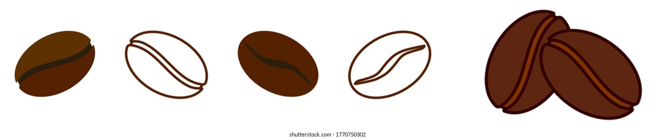 Conjunto de iconos simples de frijol de café - ligeras variaciones, versión rellena y contorno
