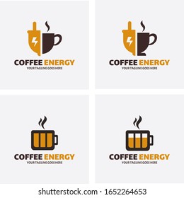Set of Simple Coffee Energy Logo or Labels. Illustration vector graphic of  coffee and flash energy combination logo design concept. Perfect for Business sign, identity for Restaurant, Cafe, Royalty