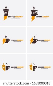 Conjunto de etiquetas o logotipos sencillos de Coffee Energy. Ilustración gráfica vectorial del concepto de logotipo combinado de café y energía flash. Perfecto para señalización de negocios, identidad para restaurante, cafetería, regalía