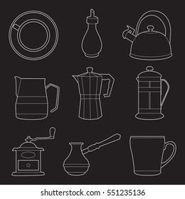 Set of simple coffee line art  icons  on black background vector illustration
