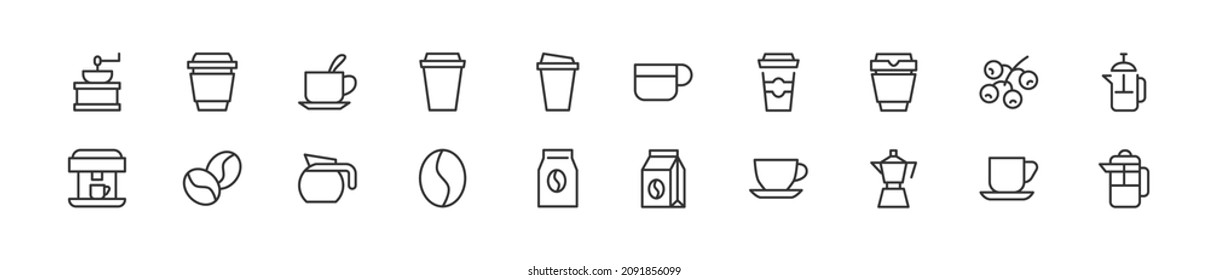 Set of simple coffee line icons. Outline stroke object. Linear signs pack. Perfect for web apps and mobile.