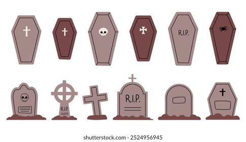 Set of simple coffins and tombstones. Tombstone flat style vector, grave symbol isolated on white background. Halloween stickers