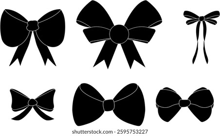 Set, Simple Collection of Black Ribbon Bows Hand Drawn. Bow for decoration, Large set of bow ties. Large set of retro ribbon illustrations hand drawn. Set of different cartoon bows, gift ribbons.