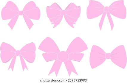 Set, Simple Collection of Hand Drawn Pink Ribbon Bows. Bow for decoration, Large set of bow ties. Large set of retro ribbon illustrations, hand drawn. Set of different cartoon bows, gift ribbons