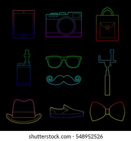 Set of simple  color hipster accessory line art  icons on black background vector illustration