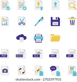 Un conjunto de iconos de color simples de archivos y documentos. Ilustración vectorial.