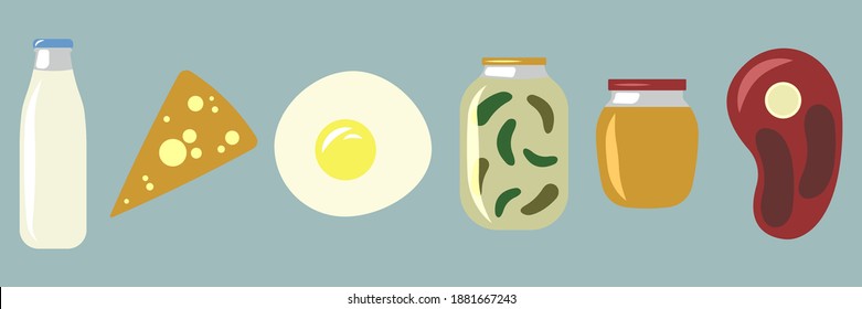 Set of simple colored flat icons with homemade food. Collection of cool cartoon illustrations for stickers, icons, buttons, web games, websites, prints. Cliparts for cookbook, menu, logo, emblem