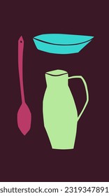 Eine Reihe von einfachen, farbigen Küchenutensilien: ein Teller, ein Löffel, ein Krug. Vektorgrafik, Illustration, Stilisierung, Zeichnung. Rosa, grün auf braunem Hintergrund. Café, Restaurant, Küche. EPS10