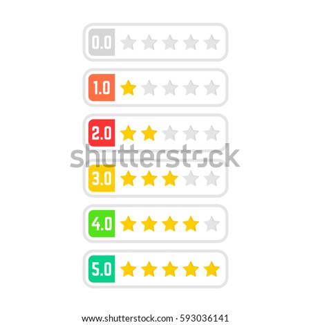 set of simple colored rating star. concept of value, chart group, social ui menu, top, critical scale, site ranking, row of numbers. flat style logo graphic frame design element on white background