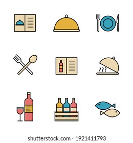 Conjunto de utensilios de restaurante de color sencillo icono en estilo de línea de moda aislado en fondo blanco para aplicaciones web y concepto móvil. Ilustración vectorial. EPS10