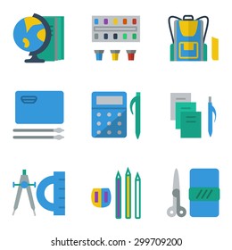 Set of simple colored vector icons for school accessories. Materials for drawing, math, geography lessons for website or mobile app