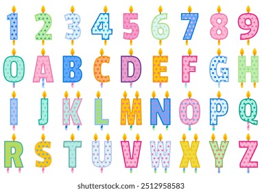 Set of simple colorful birthday candles letter and number flat vector illustration isolated on white background