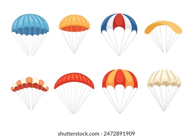 Set of simple colorful cartoon parachute vector illustration isolated on white background