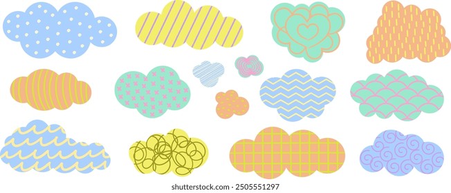 Set of simple colorful cloud with textures. Hand drawn scribble, line, cell, strikethrough pattern on sky shapes. Kids style doodle weather icon. Vector illustration