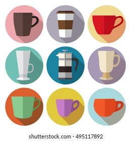 Set of simple colorful coffee cups and french press flat icons on circles vector illustration
